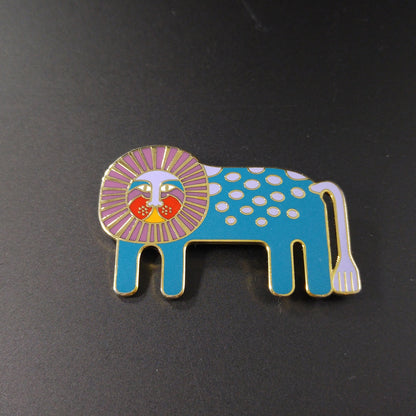 Laurel Burch "Leonardo" Brooch, Blue Enamel Gold Plated Lion, 1980s Vintage