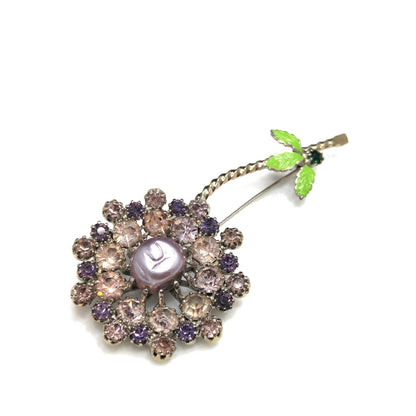 Lilac Purple Rhinestone Flower, Faux Baroque Pearl, Green Enamel Pin, 1950 Vintage Jewelry