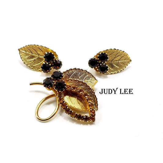 Vintage Judy Lee Gold Leaf Brooch & Earrings Set Topaz Rhinestones 1950s