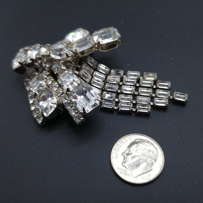 Unsigned Kramer Dragonfly Brooch, Clear Rhinestones, Rhodium Plated, 1960s Vintage Jewelry