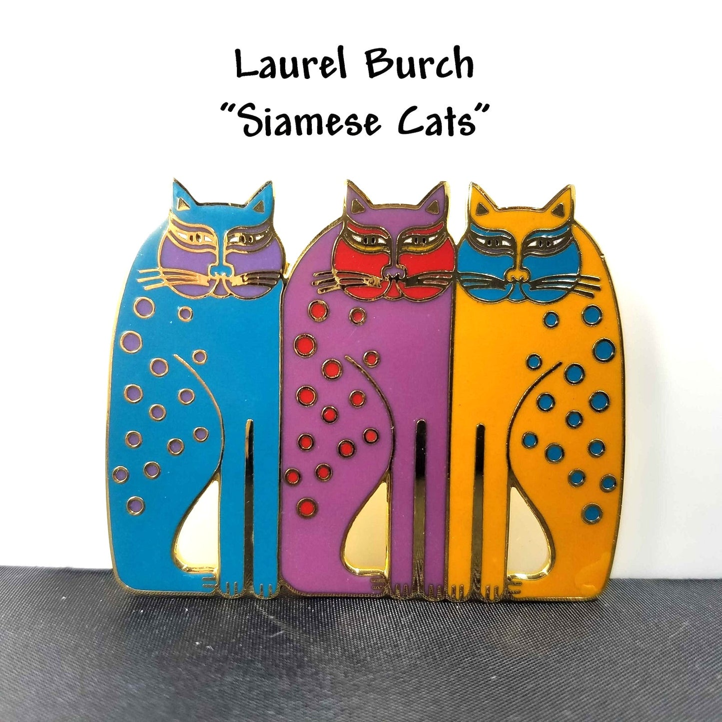 Vintage Laurel Burch Siamese Cats Cloisonné Enamel Gold Brooch Pin 1980s Jewelry