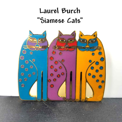 Vintage Laurel Burch Siamese Cats Cloisonné Enamel Gold Brooch Pin 1980s Jewelry