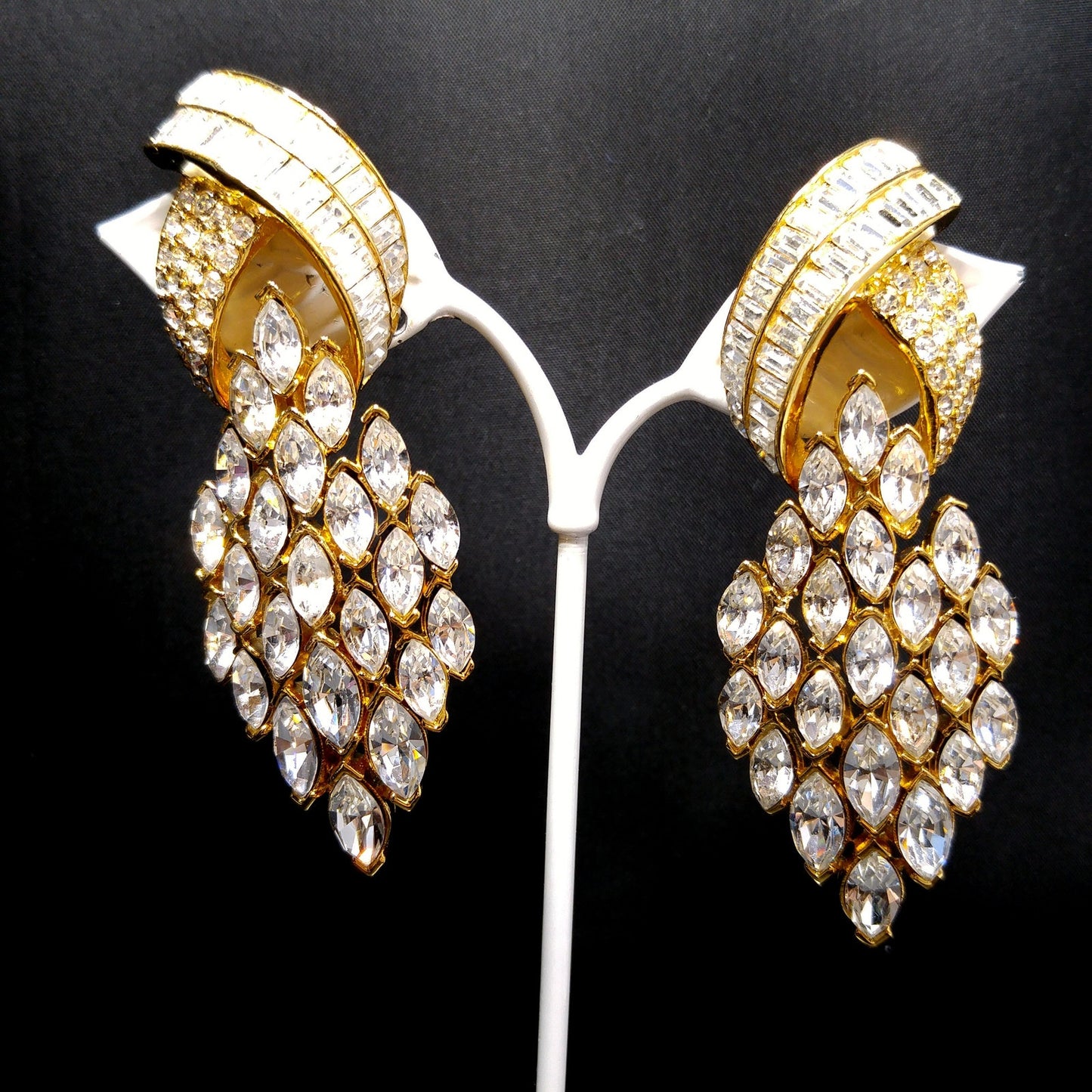 Vintage CINER Runway Clear Rhinestone Long Clip Earrings, Gold Plated