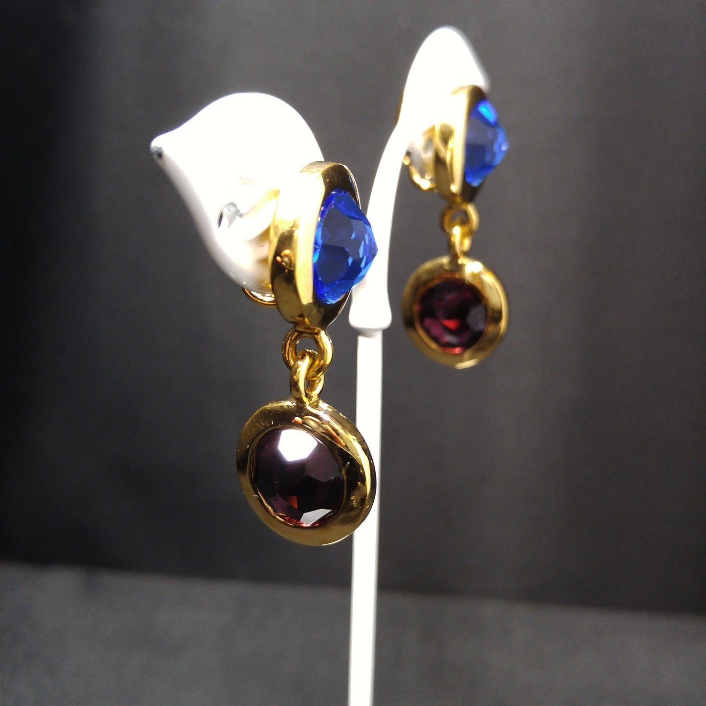 Swarovski Gold Plated Drop Earrings, Blue Green Purple Crystals, Vintage 1990s Swan Logo