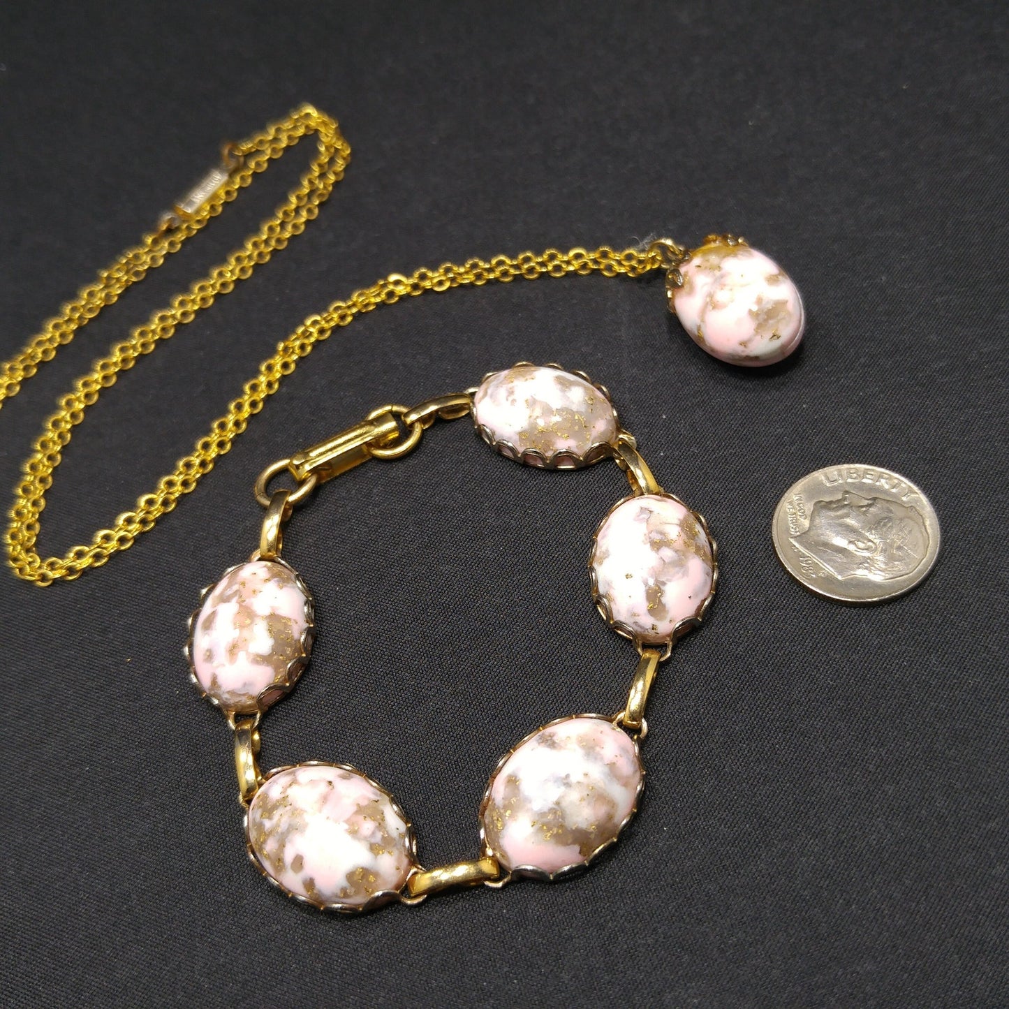 German Pink Gold Glitter Robins Egg Bracelet & Necklace, 1950s Vintage Jewelry