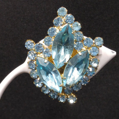 Weiss Light Blue Rhinestone Clip Earrings, Gold Plated, 1960s Vintage Jewelry