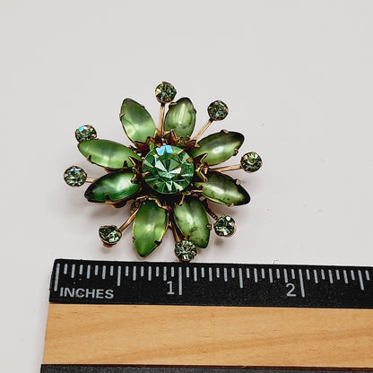 Vintage 1950s Uranium Glass Green Rhinestone Brooch Gold Filigree 1.75”