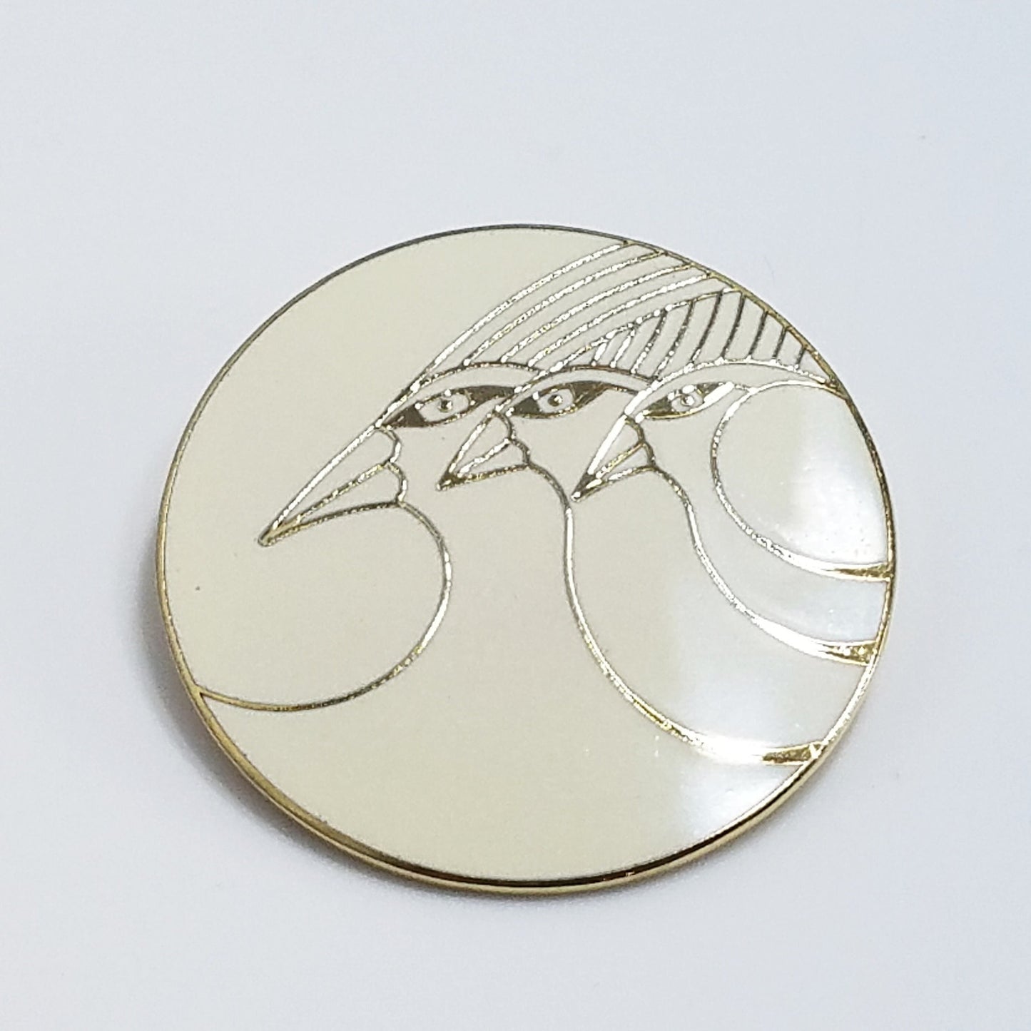 Vintage Laurel Burch Celestial Birds Brooch, Gold Plated Cloisonne, 1980s