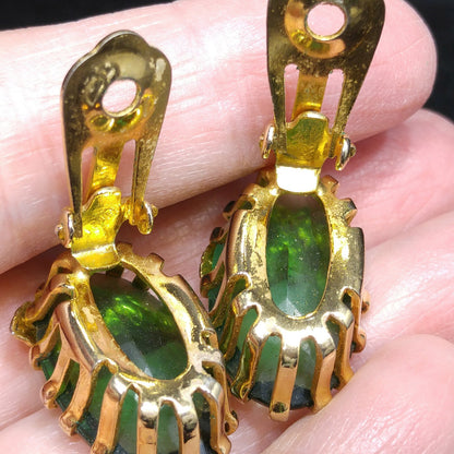 Kramer Austria Green Clip Earrings, Gold Plated, 1950s Vintage Jewelry