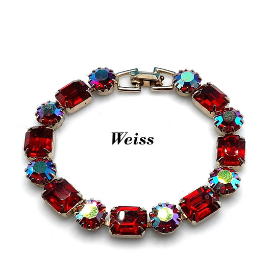 Weiss Red and Aurora Borealis Rhinestone Bracelet – 1960s Gold Tone Vintage Jewelry