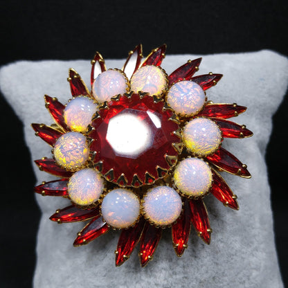 Vintage Judy Lee Faux Fire Opal Red Rhinestone Brooch, Gold Plated, 1960s