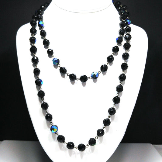 Long Black Crystal Beaded Necklace, Aurora Borealis, No Clasp, 1970s Vintage Jewelry