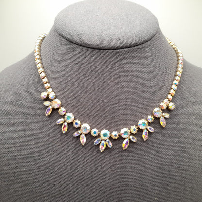 Vintage Sherman Aurora Borealis Rhinestone Gold Plated Choker Necklace, 1960s