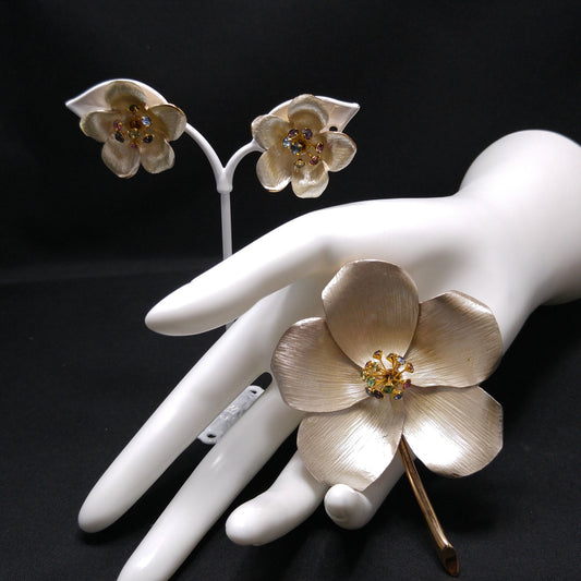 Pearl Enamel Flower Brooch & Earrings, Multicolored Rhinestones Center, 1960s Vintage Jewelry