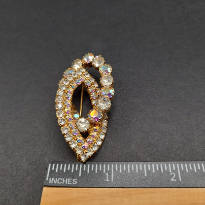 Mid-Century Aurora Borealis Pendant Brooch, Gold Plated, Prong Set Stones, 1960s Vintage Jewelry