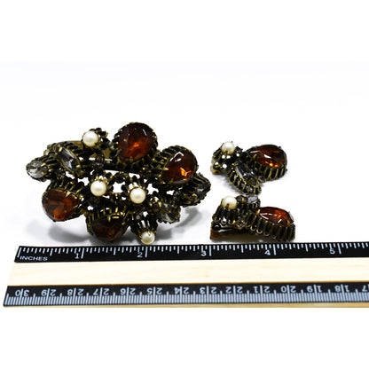 Hobe' Rhinestone Cuff Bracelet & Clip Earrings, Topaz Clear Rhinestone, Faux Pearls, 1950s