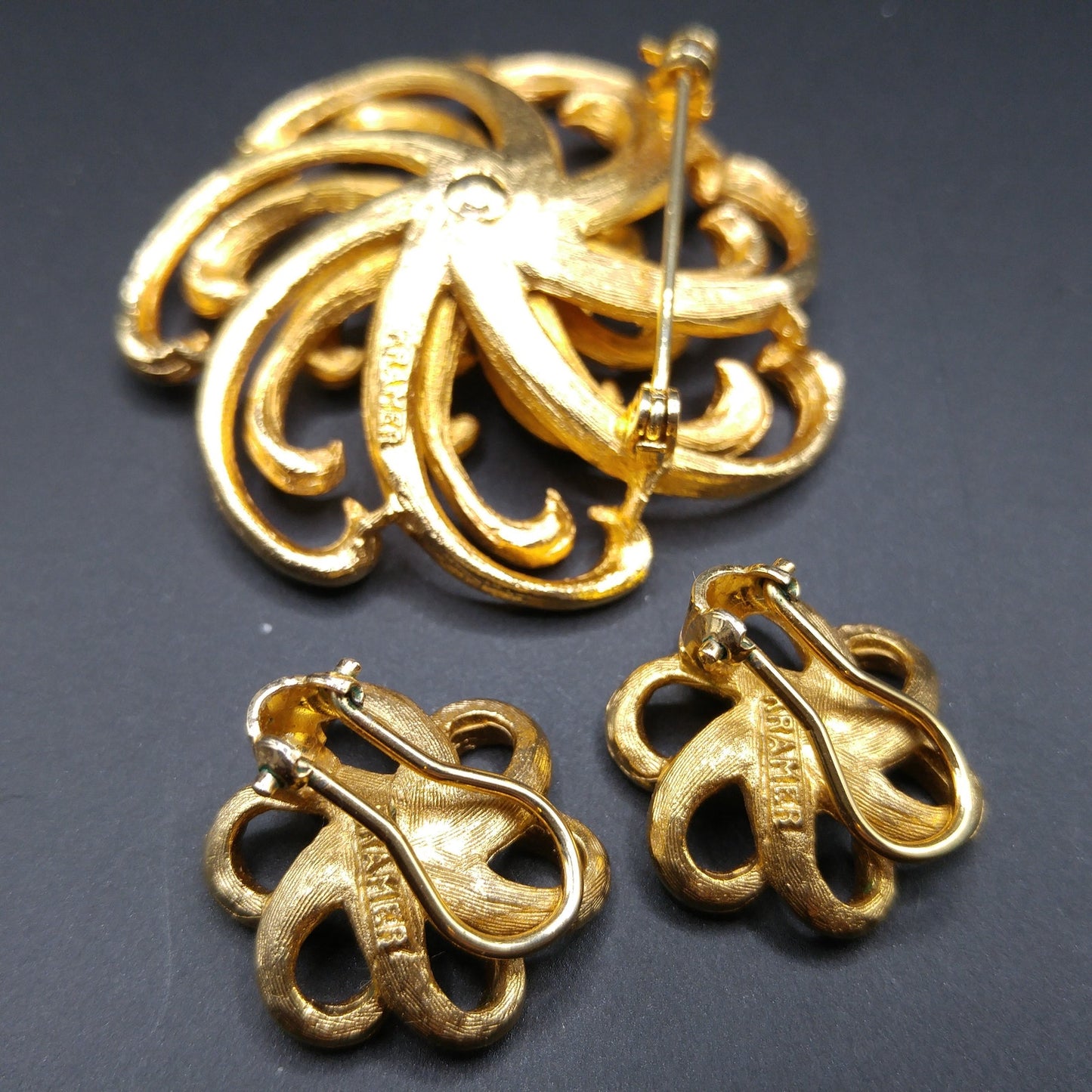 Kramer Floral Brooch & Clip Earrings, Gold Plated, 1960s Vintage Jewelry