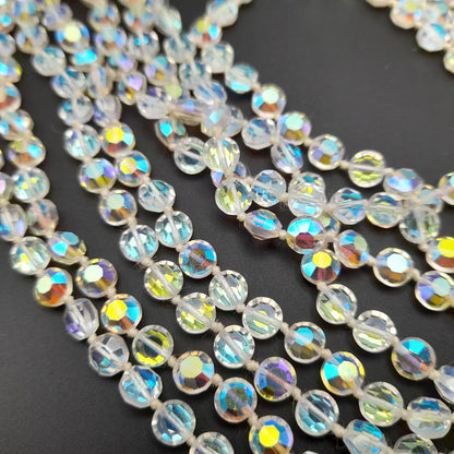 Vintage Flat Crystal Eight Strand Necklace, Hand-knotted, Aurora Borealis