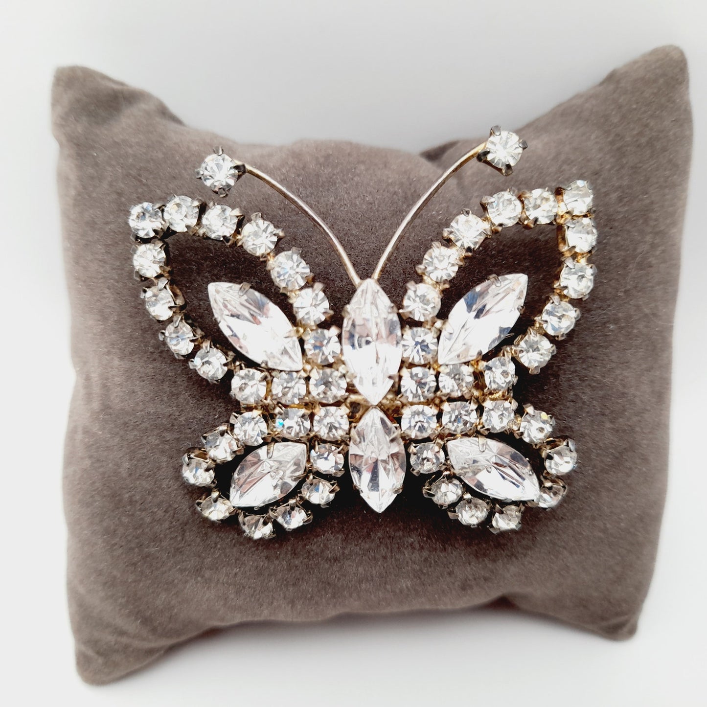 Vintage Mid-Century Clear Rhinestone Butterfly Brooch Pin Silver Tone