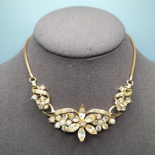 Vintage Coro Pegasus Clear Rhinestone Choker Necklace, 16 In, 1950s, Snake Chain