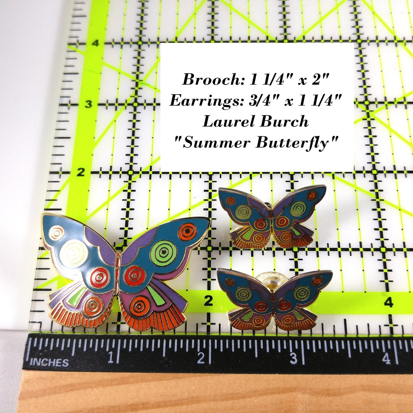 Laurel Burch "Summer Butterfly" Brooch & Earrings, Gold Plated Cloisonne' Enamel, 1980s Vintage Jewelry