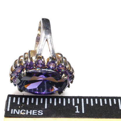 Vintage Sterling Silver Purple CZ Oval Cocktail Ring Size 9 1990s Statement