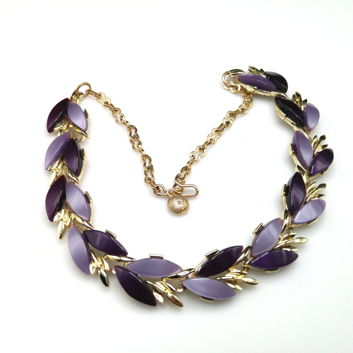 Purple Lavender Lucite Choker Necklace, Mid-Century, Gold Tone, 1950s Vintage Jewelry