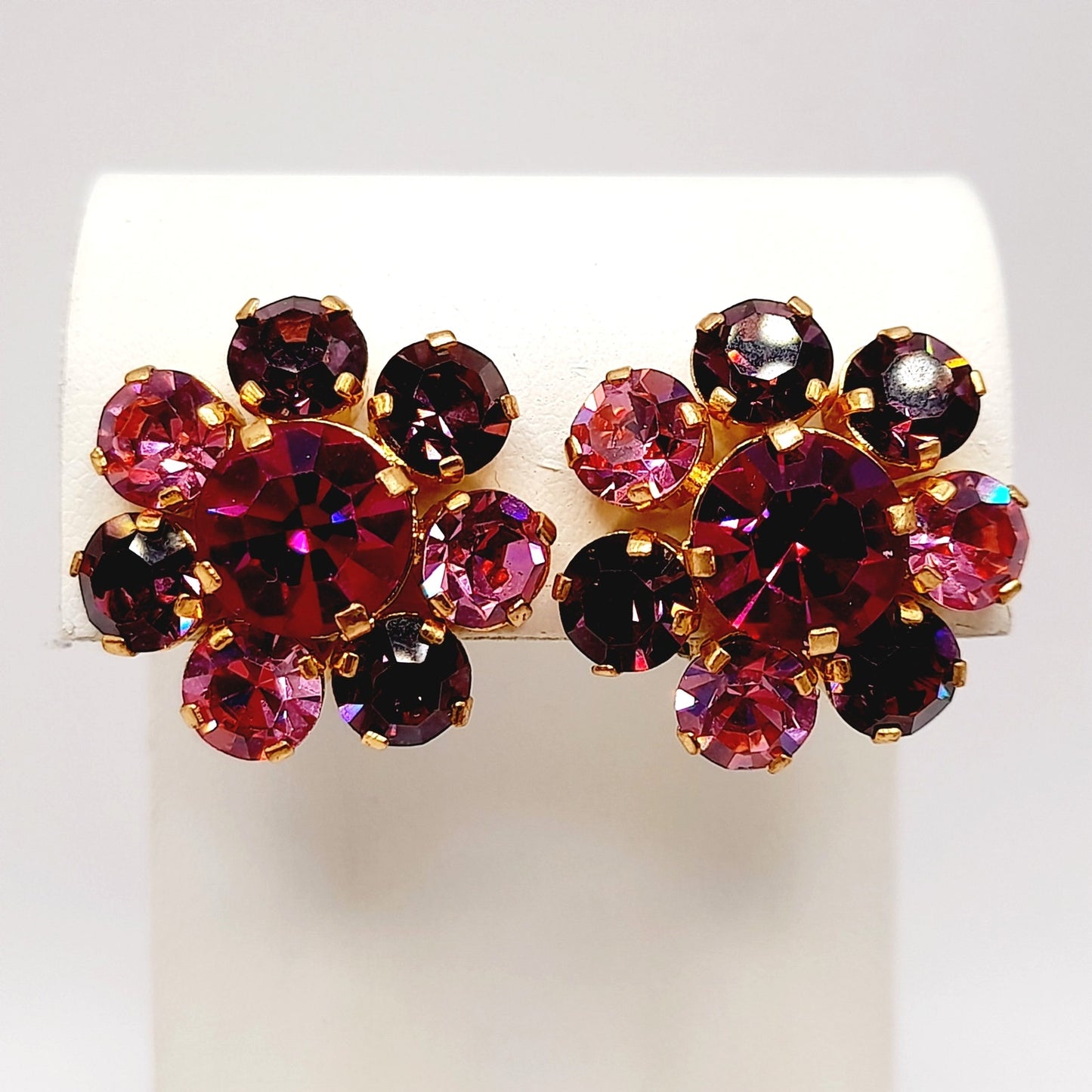 Vintage Made in Austria Pink Rhinestone Earrings Clip On Mid Century Jewelry