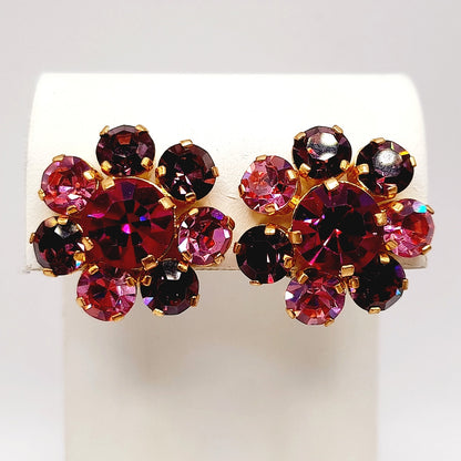 Vintage Made in Austria Pink Rhinestone Earrings Clip On Mid Century Jewelry