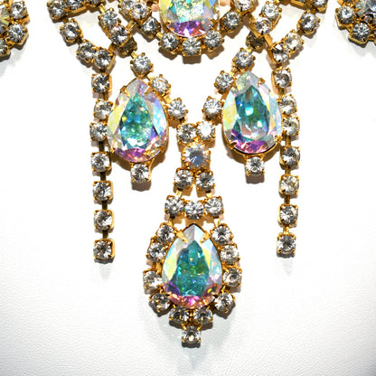 Aurora Borealis Rhinestone Frontal Necklace, Gold Plated, 21 Inches, 1970s Vintage Jewelry
