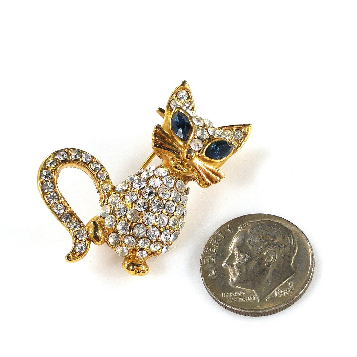 Rhinestone Cat Blue Eyes Brooch, Gold Plated, 1960s Vintage Jewelry