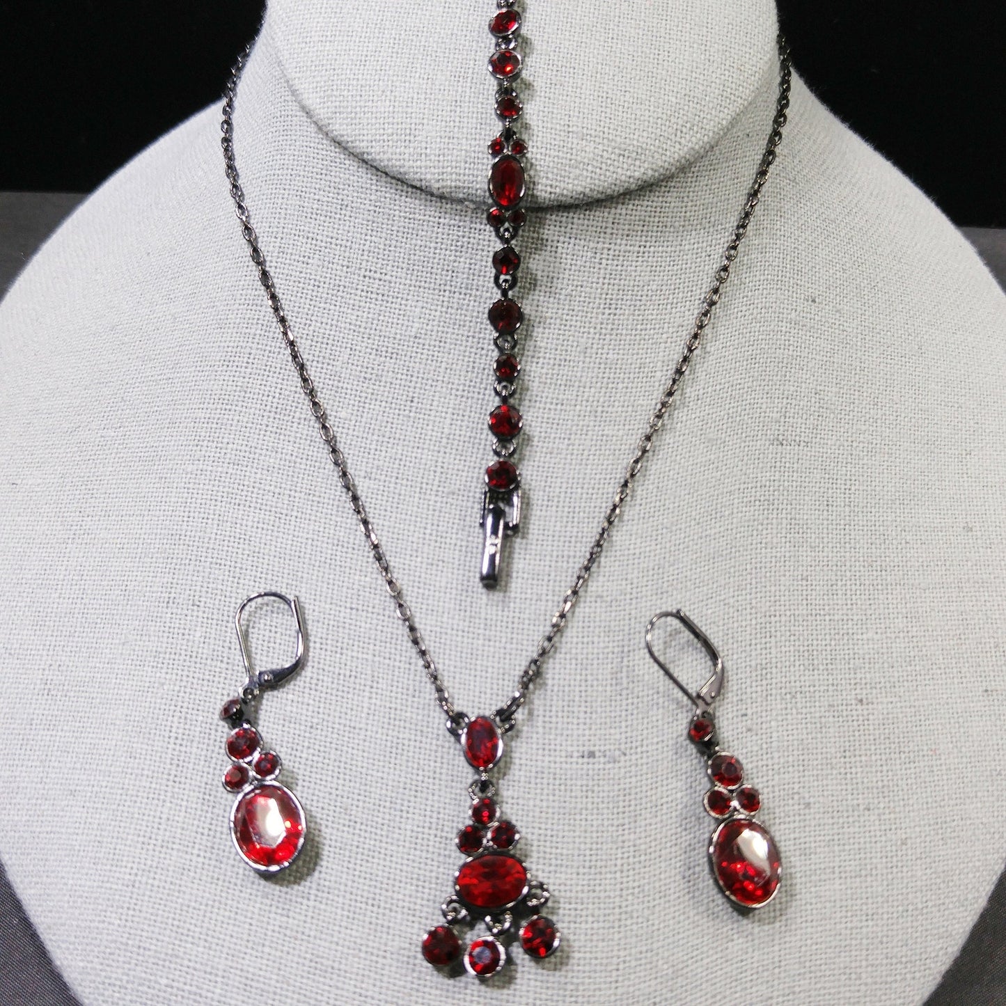 Givenchy Red Rhinestone Jewelry Set, Necklace, Bracelet & Earrings, Vintage