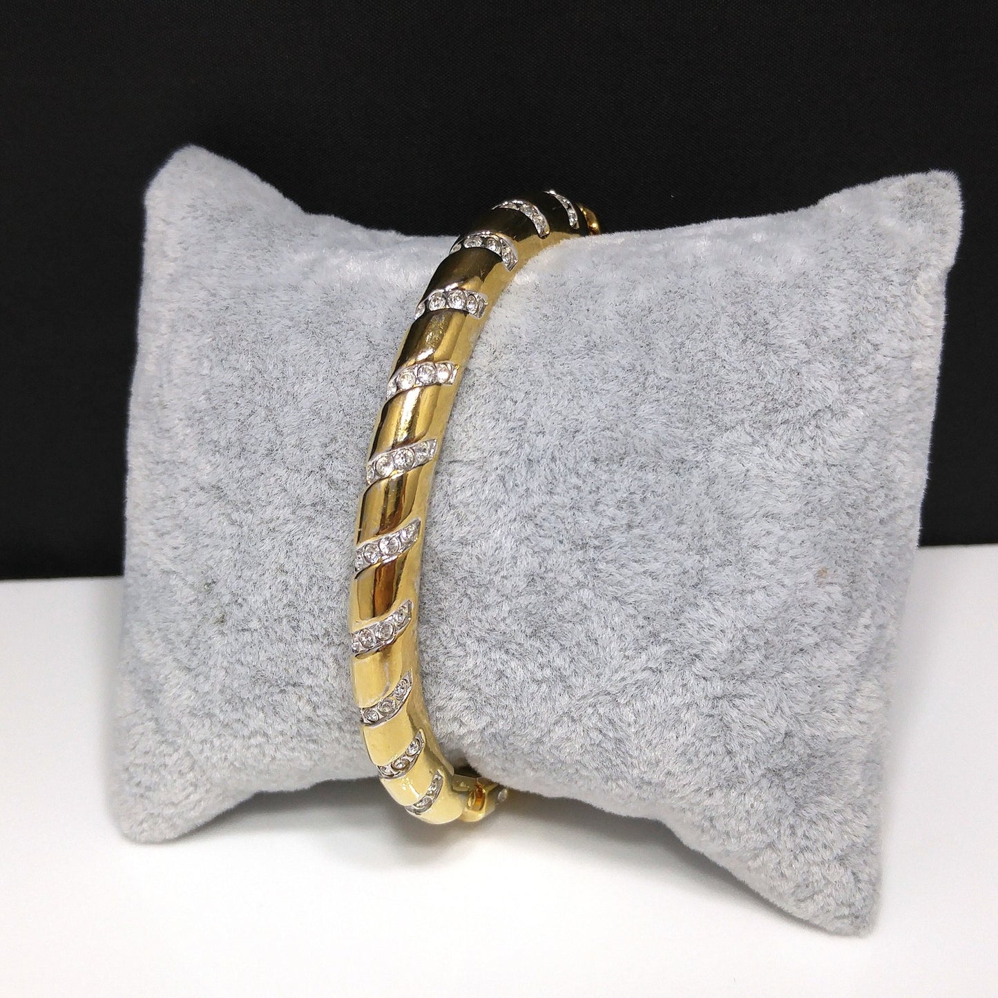 Swarovski Swan Logo Bracelet, Gold Plated Hinged Bangle, Clear Pave Rhinestones, 1980s Vintage Jewelry