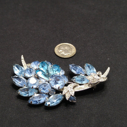 Eisenberg Ice Blue Rhinestone Brooch, Rhodium Plated, 1960s Vintage Jewelry