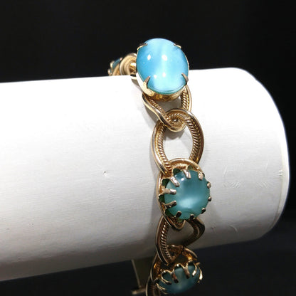 Mid-century Turquoise Art Glass Cabochon Bracelet, Gold Tone, 1950s Vintage Jewelry