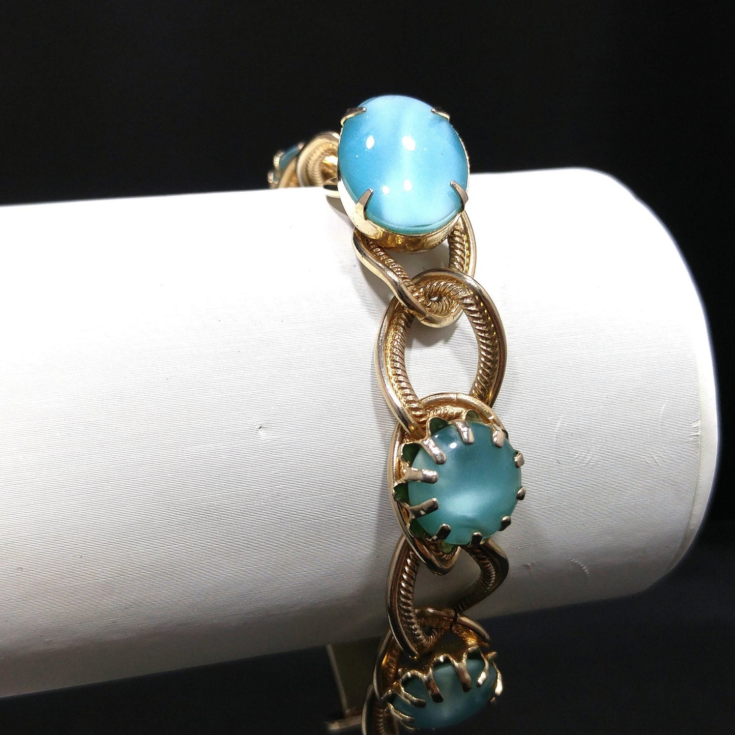 Vintage 1950s Gold Tone Bracelet Blue Art Glass Cabochons Mid Century