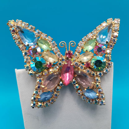 Vintage Weiss Butterfly Brooch, Pastel Rhinestones, Gold Plated, 1960s Jewelry