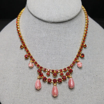 Red Rhinestone Pink Bead Choker Necklace, Gold Plated, 1950s Vintage Jewelry