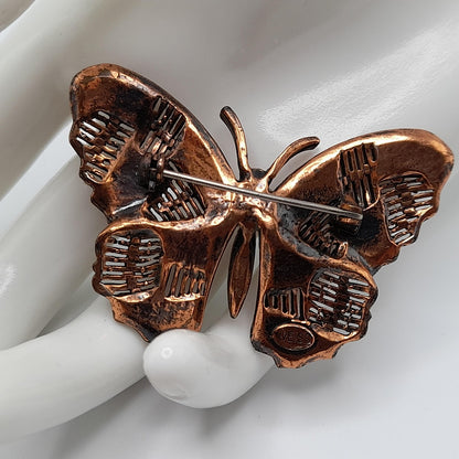 Vintage Weiss Butterfly Brooch, Copper Plated, Clear Orange Rhinestones, 1960s