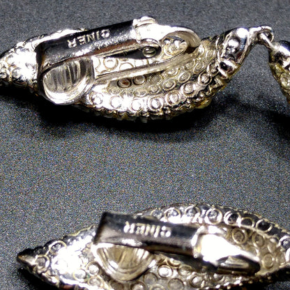 Vintage CINER Modernist Pave Clear Rhinestone Dangle Clip on Earrings, Rhodium Plated