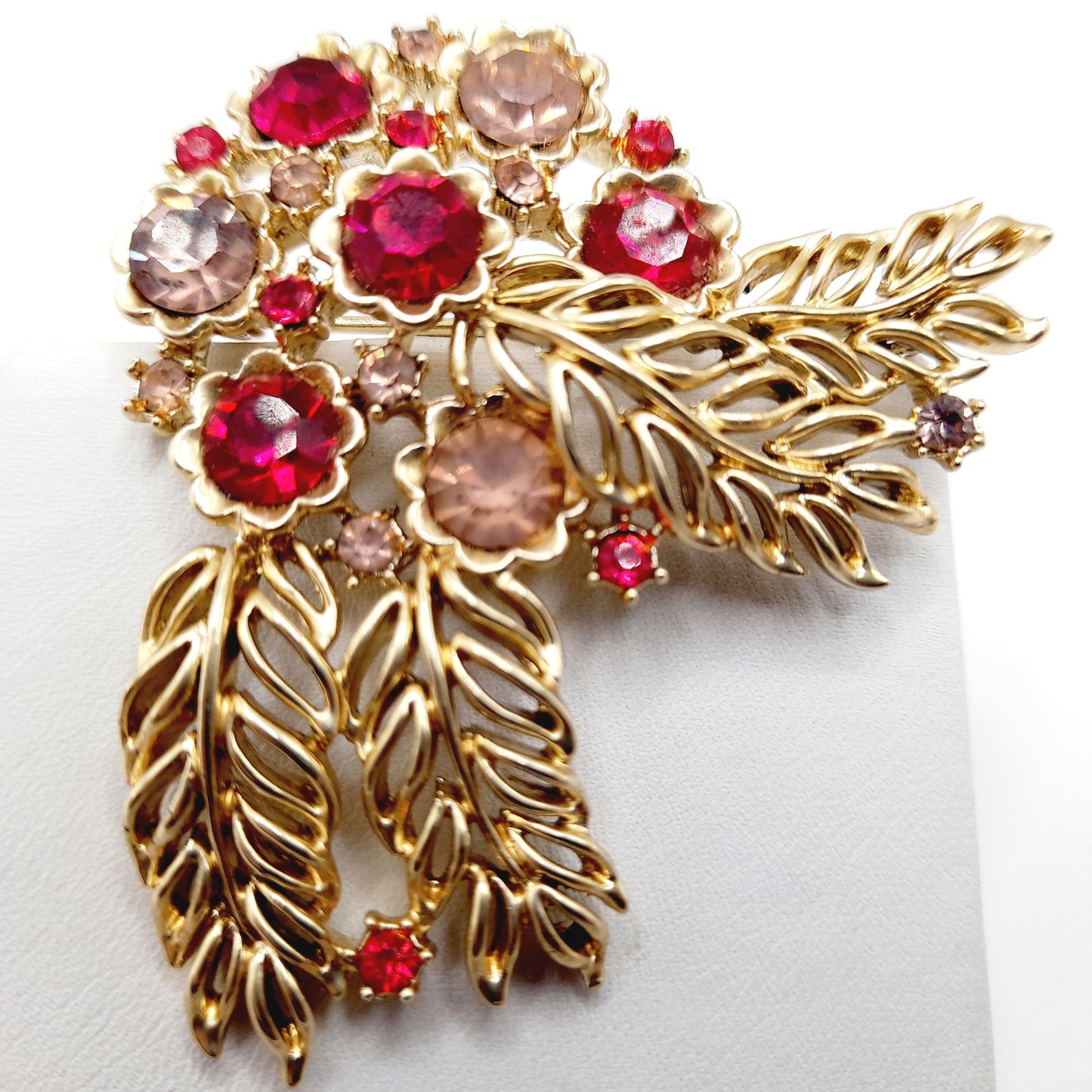 Vintage 1950s Pink Red Rhinestone Brooch Earrings Set, Gold Tone Floral Jewelry, Mid-Century Designer Statement Jewelry