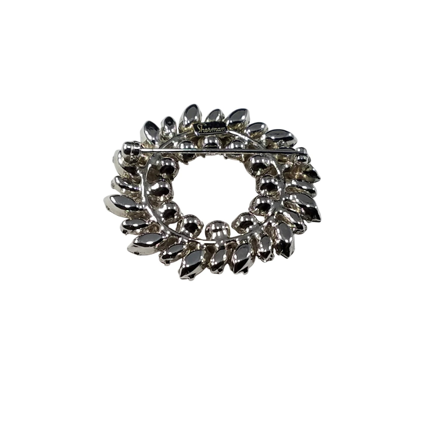 Sherman 1950s Pink & Smoky Gray Rhinestone Wreath Brooch | Rhodium Plated Mid-Century Signed Pin