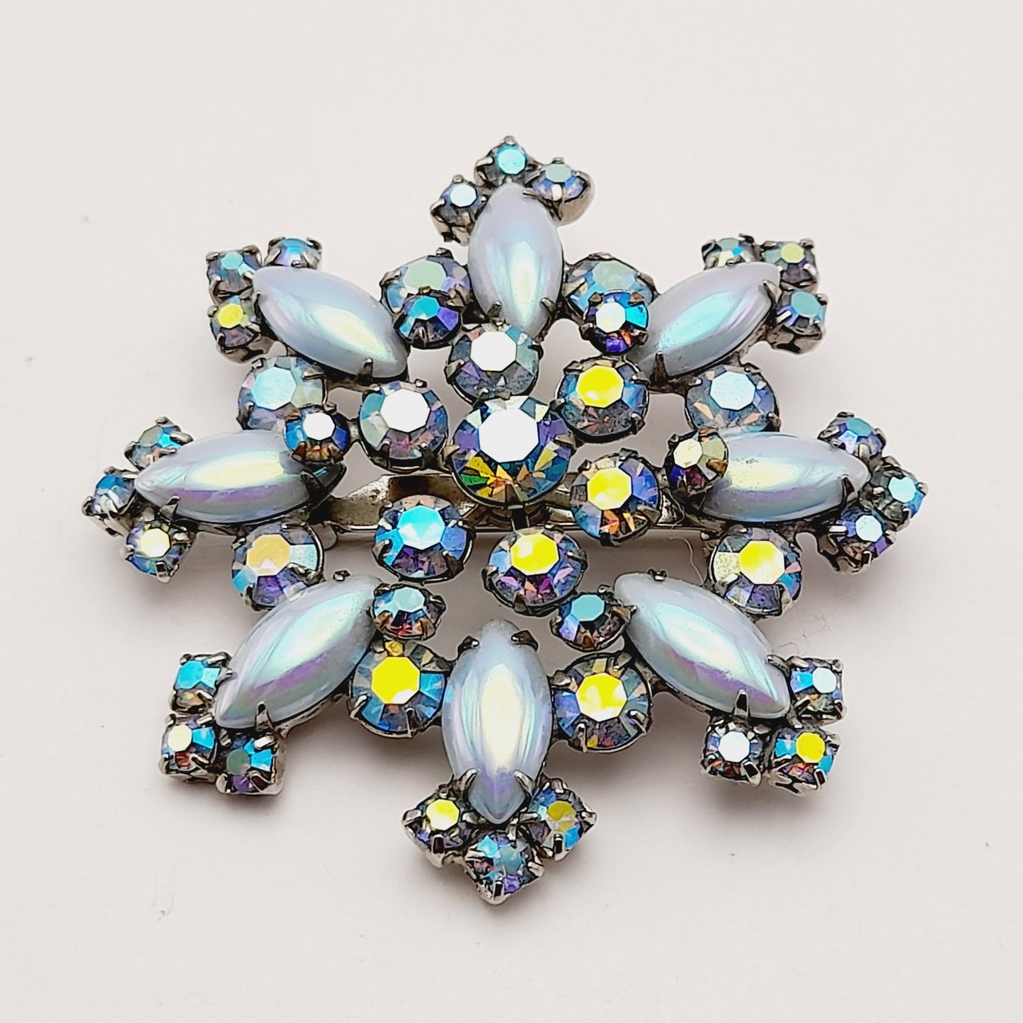 Vintage Blue Aurora Borealis Snowflake Brooch Pin