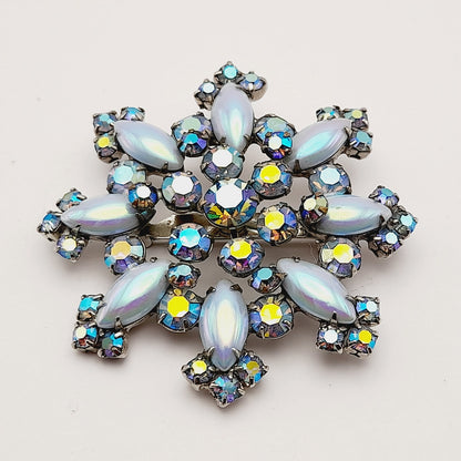 Vintage Blue Aurora Borealis Snowflake Brooch Pin