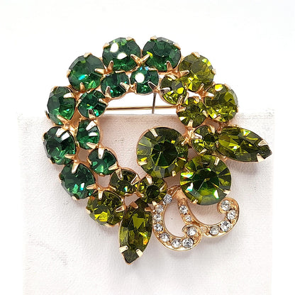 Vintage Weiss Green Rhinestone Brooch, Gold Plated, 1960s, 2"