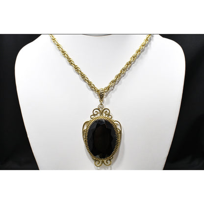 Whiting & Davis Victorian Black Gold Pendant Necklace Set, Clip Filigree Earrings, 1960s