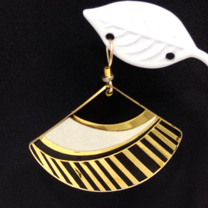 Laurel Burch Geometric Fan Earrings, Black White & Gold, 1980s Vintage Jewelry