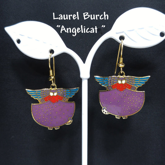 Laurel Burch "Angelicat" Earrings, Gold Plated Cloisonne & Enamel, 1980s