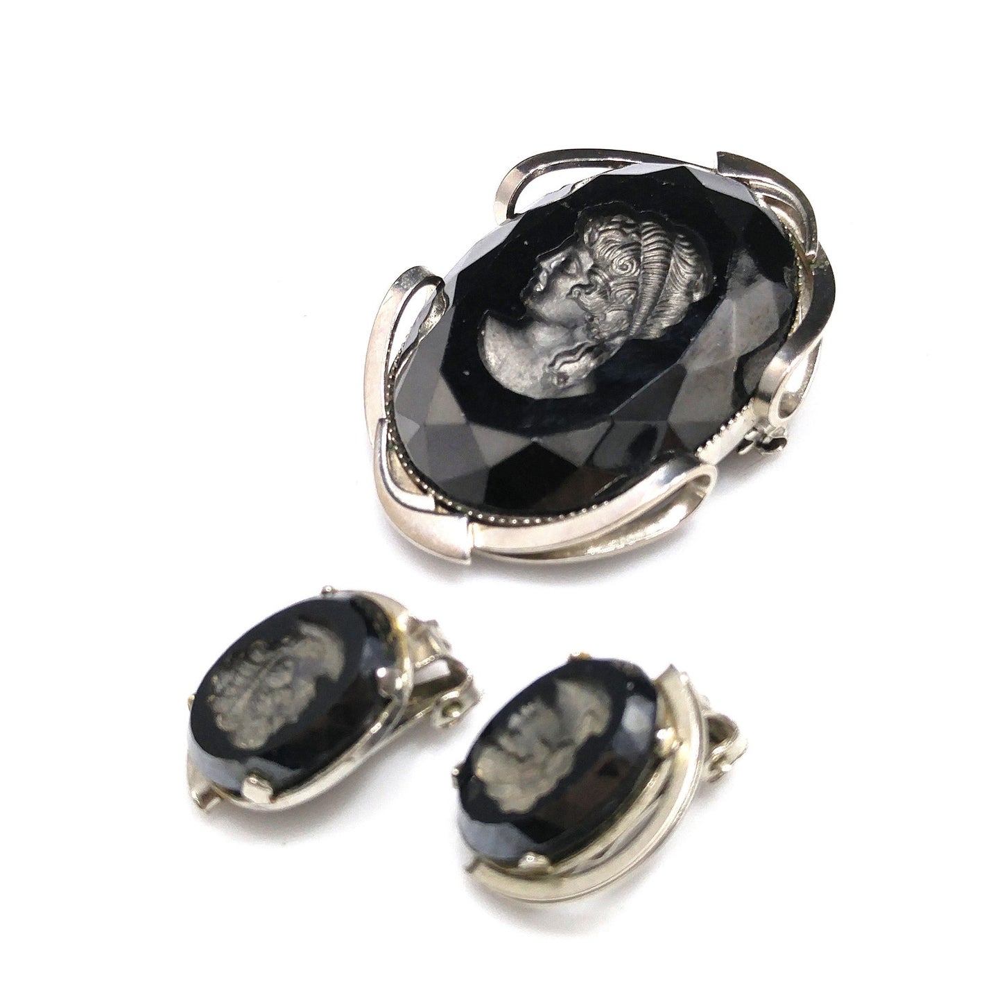Black Glass Intaglio Cameo Brooch & Clip Earrings, 1960s Vintage Jewelry