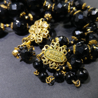 Miriam Haskell Black Beaded Necklace, Three Strands, 1960s Vintage Jewelry
